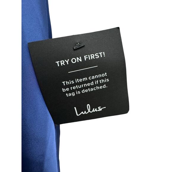 Lulu's Women's XS Classic Elegance Blue Satin Sleeveless Mock Neck Maxi Dress - Picture 9 of 11